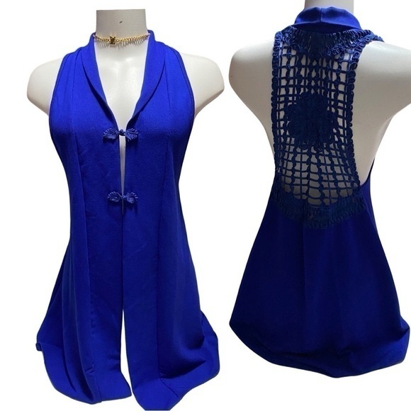Wanderlust royal blue long crochet detail vest sweater Y2K Sz L - Picture 2 of 11